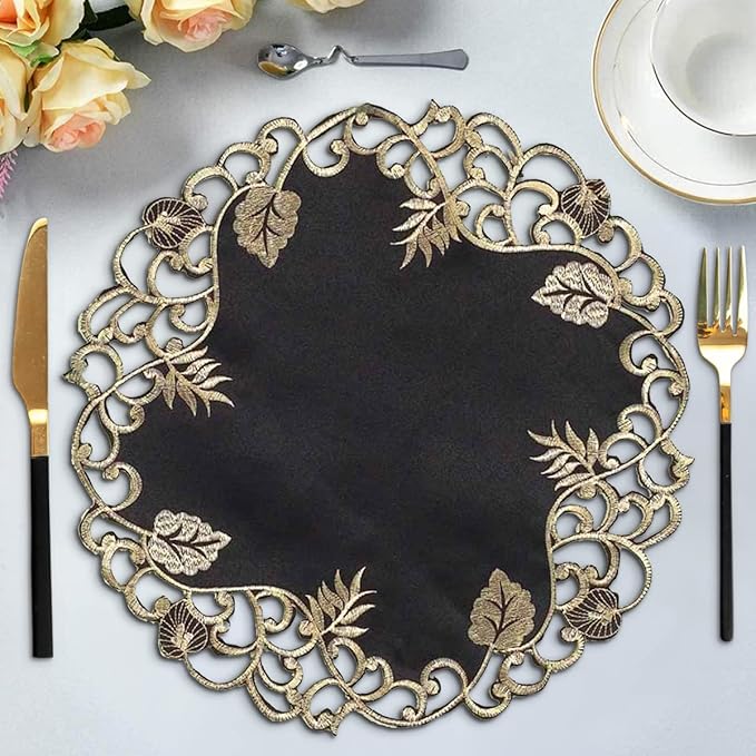 Decozen Set of 8 Doilies for Table, Lace Doilies - Rustic, Crochet, Farmhouse, Kitchen, Dining Table Centerpiece Decor - Round Christmas Placemats - 15 inch Gold Black, The Tarantino Collection