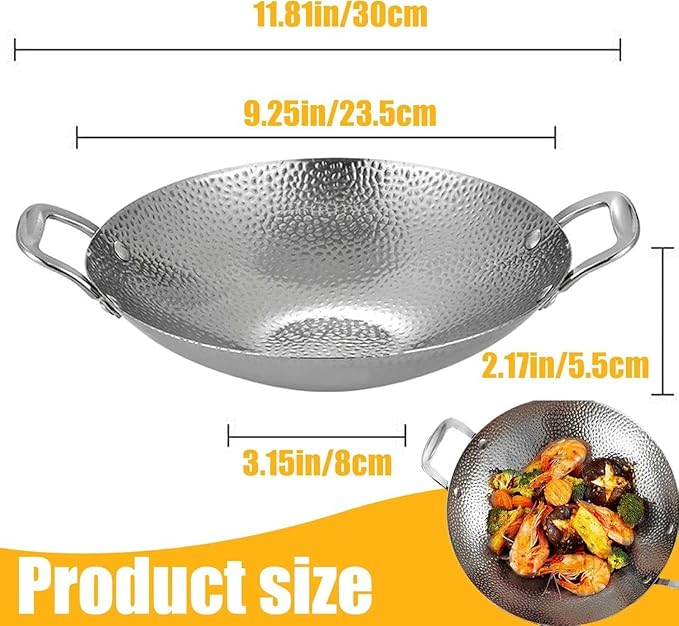 Stainless Steel Non-Stick Wok with Double Handles - Round Bottom Stir Fry Pan for Gas & Charcoal Grill, Ideal for Outdoor Cooking & Camping, Durable and Versatile Skillet