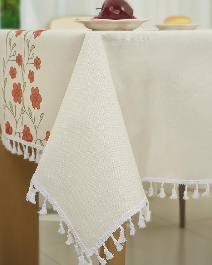 Boho Tablecloth Rectangle 60''x 102'', Linen Table Cloth with Tassels, Floral Farmhouse Table Cover with Red Flower for Dining, Kitchen, Party, Holiday