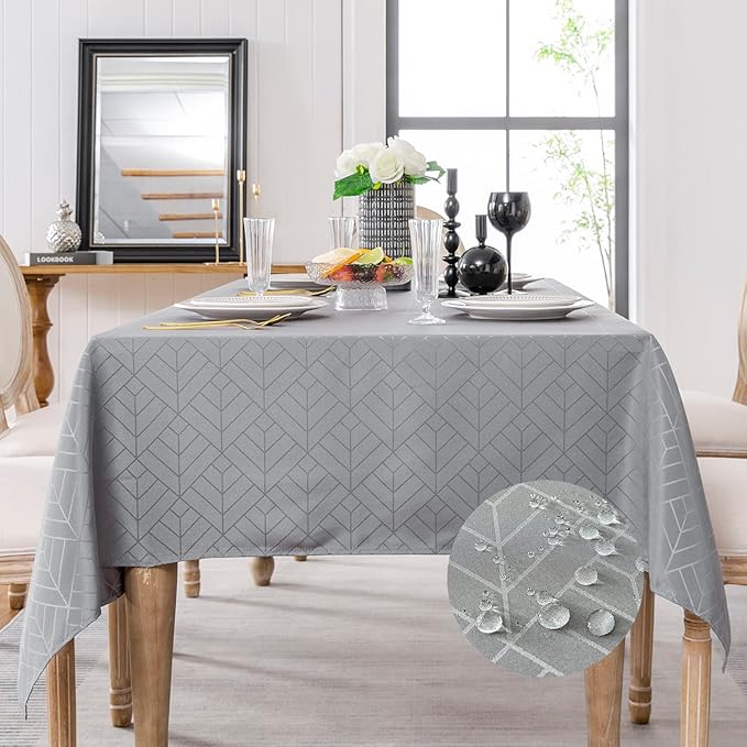 Rectangle Tablecloth Jacquard Fabric Table Cloth Geometry Silky Soft Waterproof Washable Oblong Table Cover for Indoor & Outdoor Decoration (60x102 Inch,Light Charcoal)