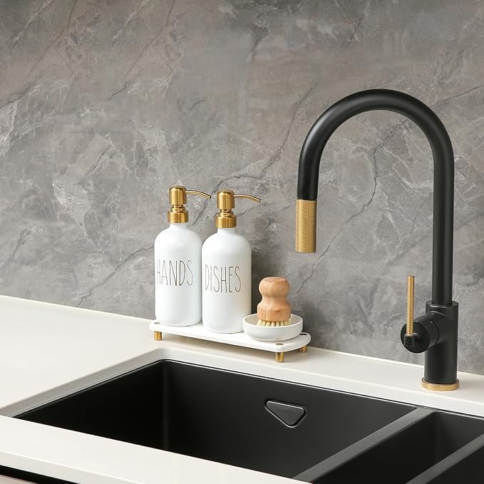 MOMEEMO Gold Soap Dispenser Set Comes with Stainless Steel Pumps, Instant Dry Tray, and Dish Scrub Brush, Suitable for Kitchen Decor and Accessories. (Gold)