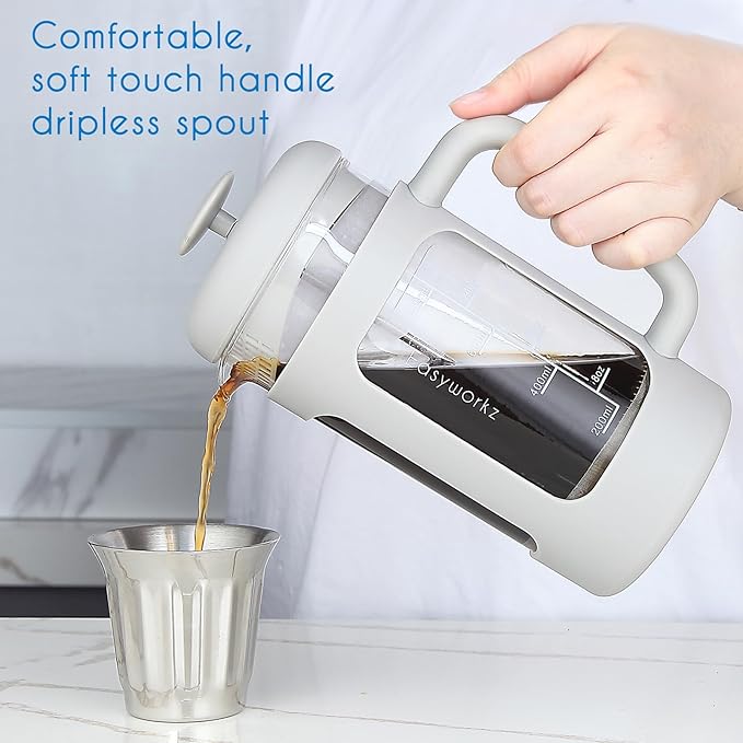 Easyworkz French Press 34 oz Coffee Tea Maker with Borosilicate Glass,Soft Grip Handle,Light Grey