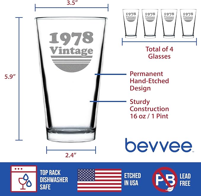 Bevvee Vintage 1978 Pint Glass for Beer - 48th Birthday Gifts for Men or Women Turning 48 - Fun Bday Party Decor - Set of 4-16 oz