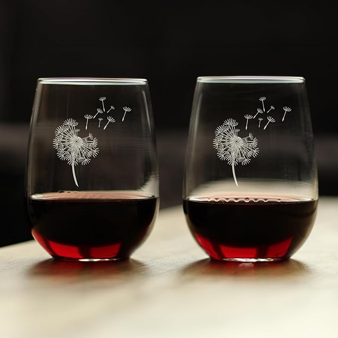 Bevvee Dandelion Stemless Wine Glass - Friendship Gifts and Dandelion Flowers Decor for New Beginnings - Set of 2 - Large 17 Oz Glasses