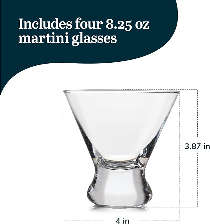 Libbey Cosmopolitan Stemless Martini Glasses, 8.25 Oz Dishwasher Safe Martini Glasses Set of 4, Martini Cups Set for Wedding Registries and More
