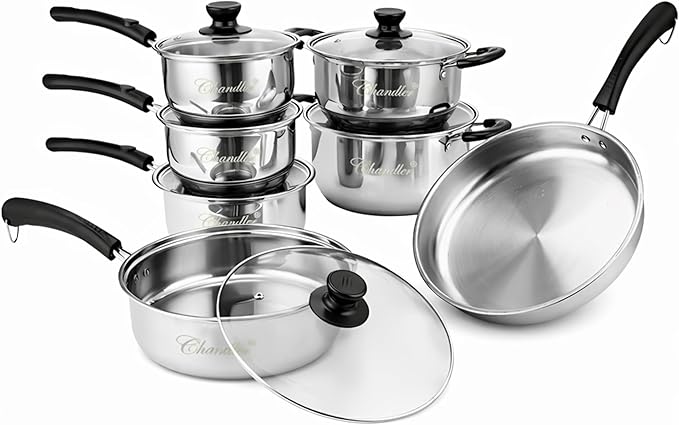 Chandler Stainless Steel Cookware Set, 13-piece Pots and Pans with Tempered Glass Lid - Cooking Set with Deep Pans, Saucepans & Pots Compatible for Family Meals (13-Pieces Stainless Steel)