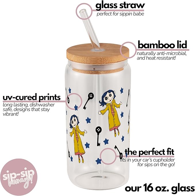 Sip-Sip Hooray! Button Doll 16oz Glass Can Cup with Lid & Straw, Cute Iced Coffee Tumbler, Dishwasher Safe Matcha Glass, Kawaii Soda Can Drinkware, Gift for Girls & Aesthetic Lovers