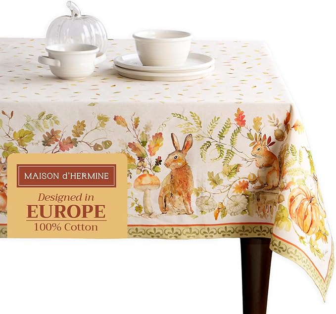 Maison d' Hermine Table Cloth Square Table 100% Cotton 60 x 60 Inches Fall Tablecloth Reusable Everyday Use for Thanksgiving Christmas Decorations Dining Farmhouse Party (Pumpkin Passion)