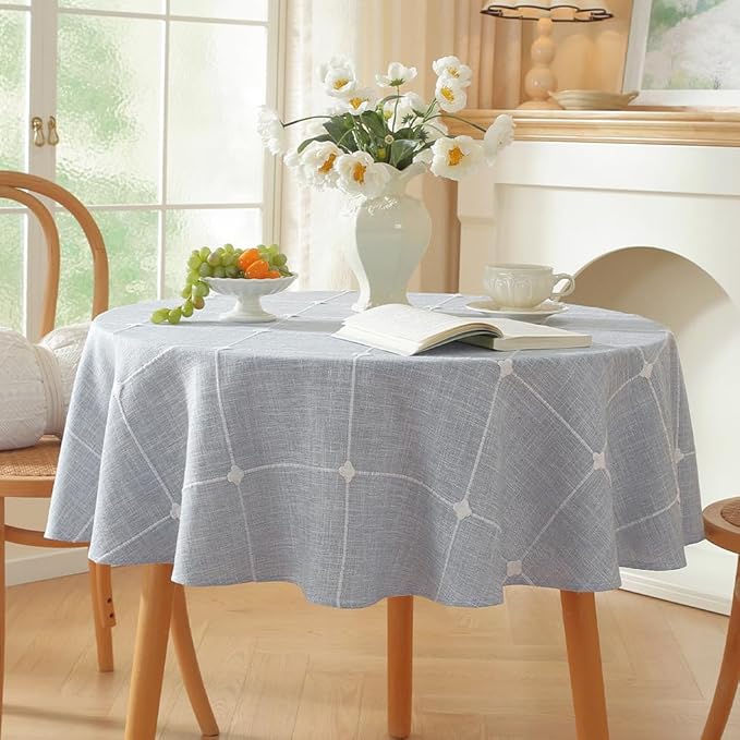 Zobesta Linen Blue Table Cloth Round Tablecloth Gingham 53 inch, Washable Farmhouse Soft Boho Round Table Cloth for Outdoor, Party, Holiday, Picnic, Dining