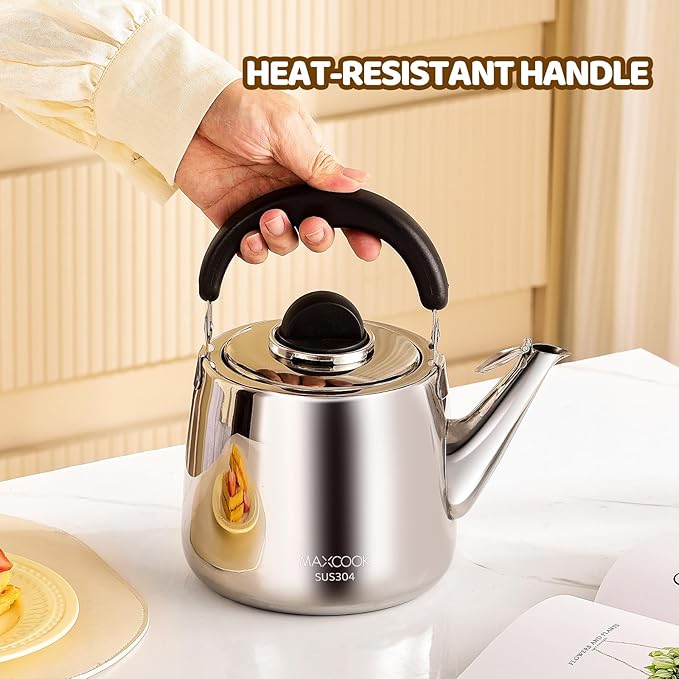 Tea Kettle, 18/8 Stainless Steel Whistling Teapot, 4.23 Quart, Fast Boiling, Anti-Hot Wood Handle (4L,Silver)