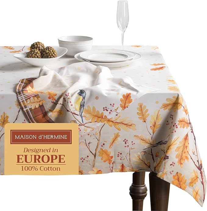 Maison d' Hermine Table Cloth Rectangle Table 100% Cotton 60 x 120 Inches Fall Tablecloth Reusable Everyday Use for Thanksgiving Christmas Decorations Dining Farmhouse Party (Oak Leaves)