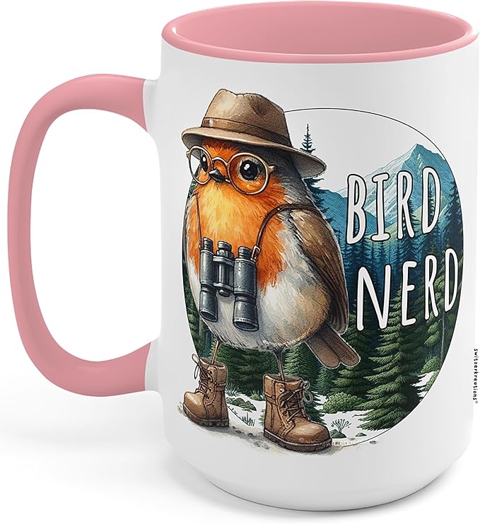 Bird Nerd Coffee Mug – Funny Nature Watcher Gift – Birding Beverage Cup for Coffee Lovers, Bird Watching Fans & Any Occasion - Novelty Ceramic (15Oz Pink Handle)