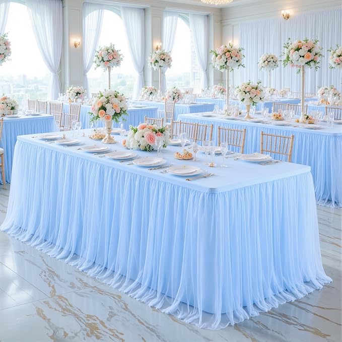 6 Pack 8ft Baby Blue Tulle Tablecloths for Rectangle Tables, 8 Foot Rectangular Table Cloth Wrinkle Free Table Cover with Tutu Skirt for Baby Shower Boy Birthday Party Banquet Buffet Cake