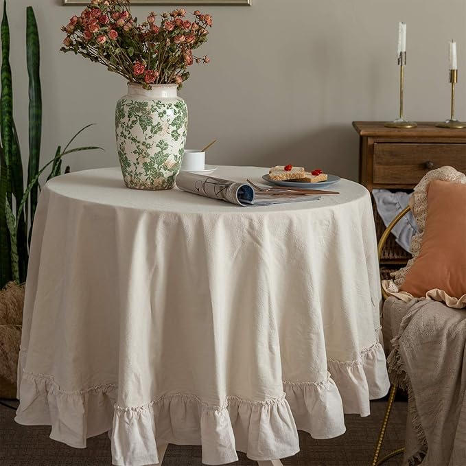 Retro Farmhouse Ruffle Round Tablecloth Cotton Flounces Trim Washable Table Cover White Tablecloths for Rectangle Table Baby Shower Kitchen Party Wedding Decor,70'' Round