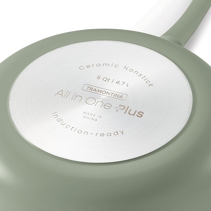 Tramontina Vue All-in-One Plus Pan Set, 5-Quart Ceramic Non Stick Cooking Pan with Glass Lid, Steamer Insert, Beechwood Utensils, Splatter Screen, Pot Holder, Green
