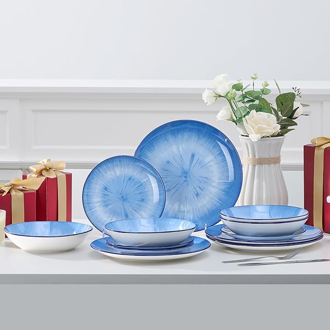 Bestone Porcelain Dinnerware Sets Service for 4, 12 pcs Hand drawn Plates and Bowls Sets, Handmade Ceramic Dish Set, Chip Resistant Modern Plate Set, Dishwasher/Microwave Safe，Starburst blue
