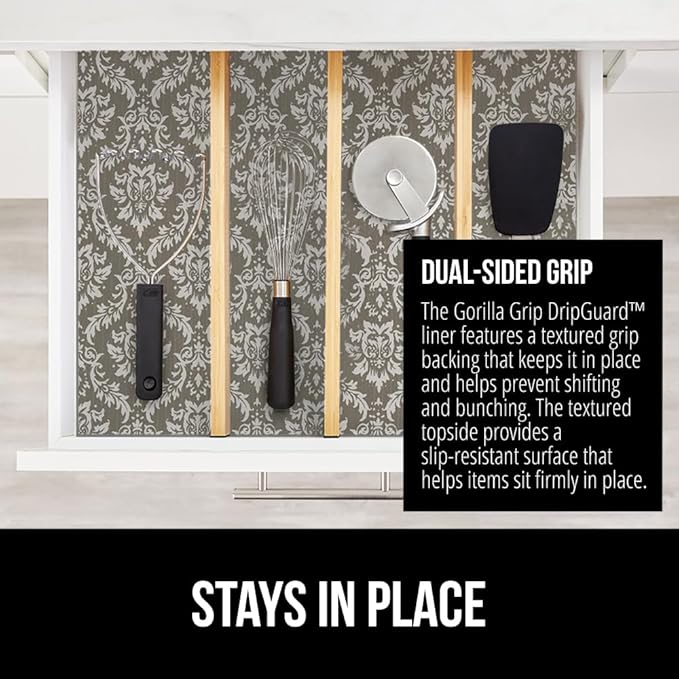 GORILLA GRIP DripGuard Shelf Liner, Non Adhesive Drawer and Kitchen Cabinet Protector, 24x240 Inch, Slip Resistant BPA Free Smooth Surface Plastic Liners for Cabinets, Bathrooms, Closets, Beige Cream