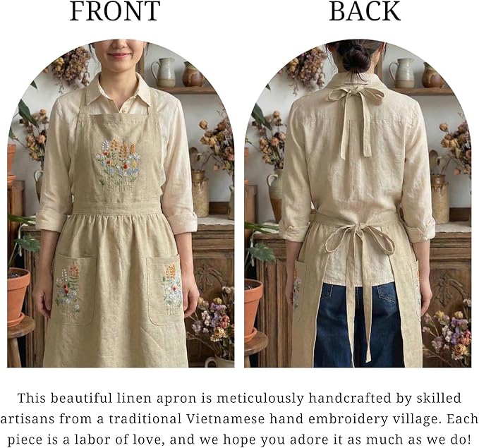 Linen Apron with Hand Embroidered Floral Design, Natural Fabric Apron for Kitchen, Linen Apron with Pockets, Cooking, Baking, Gardening, Florist, Elegant Gift for Women, Chefs, Artists