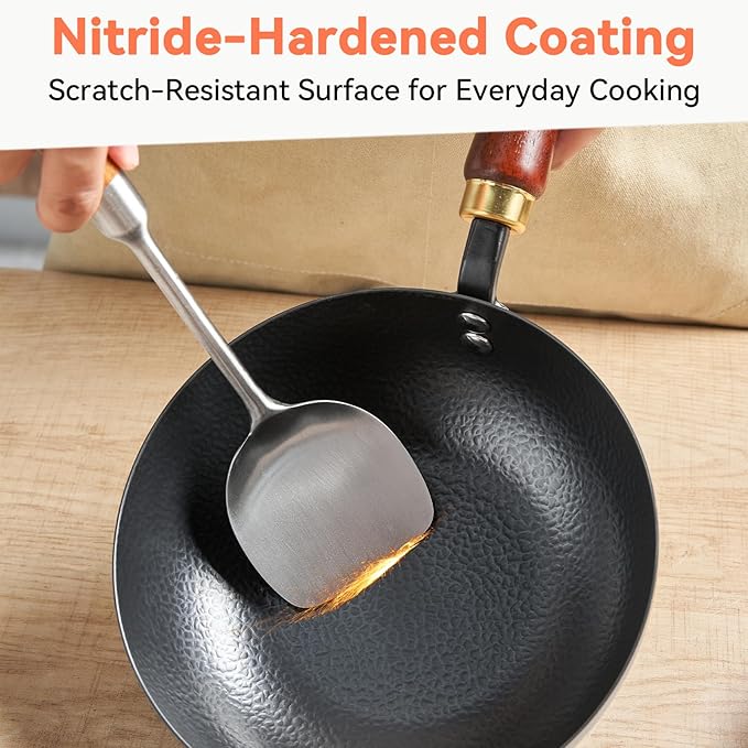 WANGYUANJI 8 Inch Hammered Iron Stir Fry Pan for 1–2 Servings, Removable Beechwood Handle, Traditional Small Wok for Searing, Sautéing, Stir-Frying – Non-Coated, Stovetop Compatible