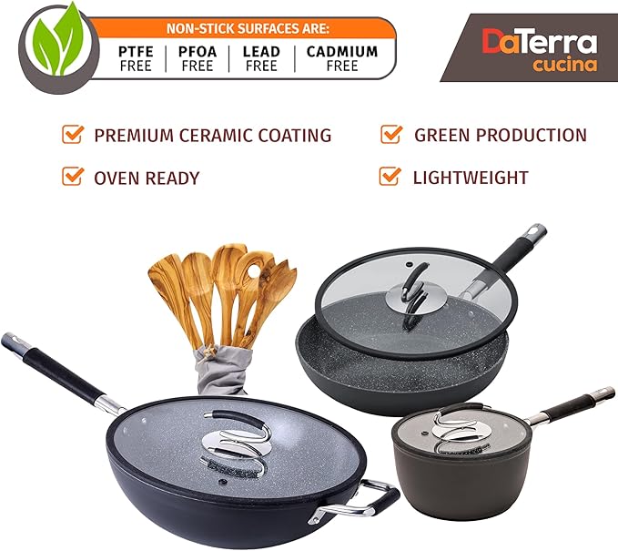 DaTerra Cucina Nonstick Essentials Bundle – 2.6 Qt Sauce Pan, 11" Fry Pan, 13" Wok, All with Lids and 5-Piece Olive Wood Cooking Utensil Set, Oven Safe, Made in Italy – Durable Ceramic Coating, Black