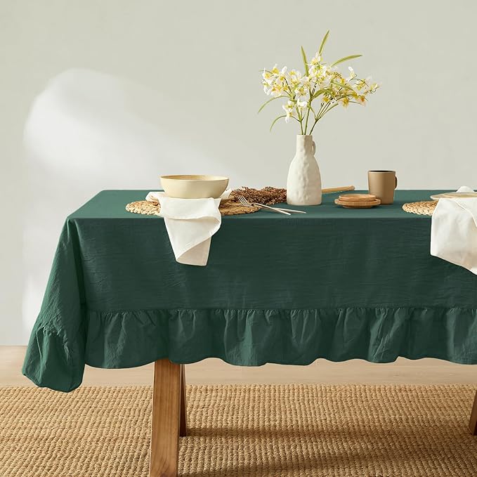 MONDAY MOOSE Ruffle Farmhouse Rustic Rectangle Natural Stonewashed Cotton Tablecloth for Kitchen, Dining Room, Restaurant (60x86 inch, Teal Green)