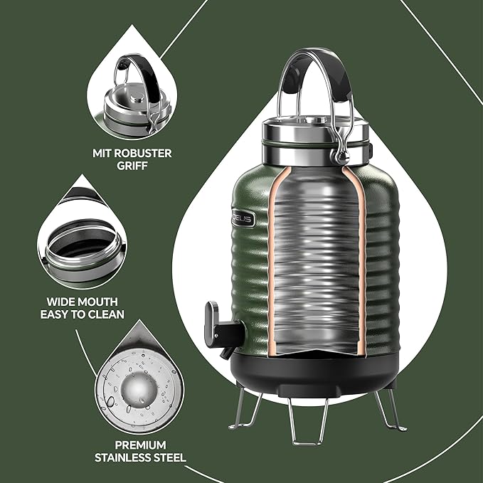 IDEUS Insulated Beverage Dispenser, All-in-one for Camping Vacuum Double-Wall Stainless Steel Water Cooler Coffee Carafe Jug Leakproof Drink Container with Handle, Spigot & Stand (Green, 1,4gal)