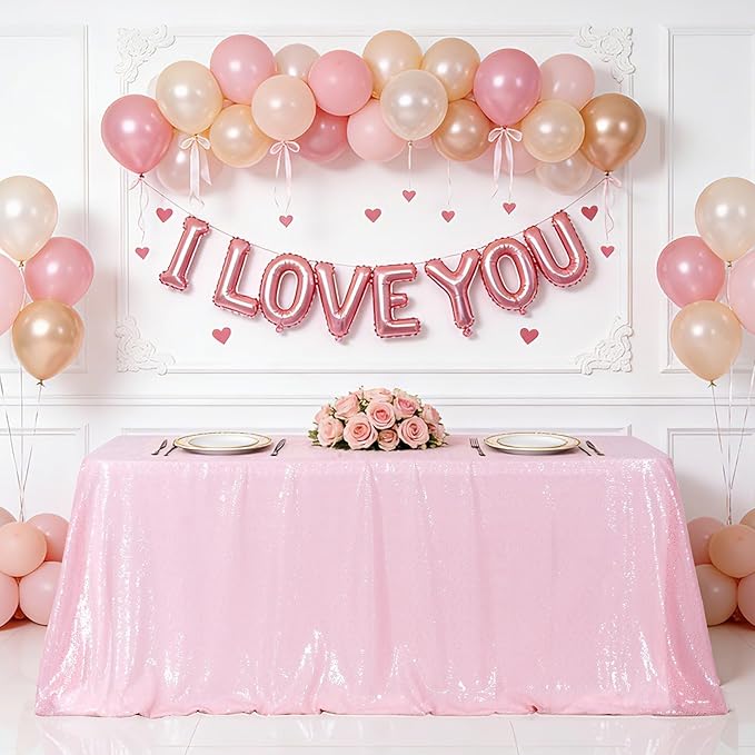 Eternal Beauty Pink Tablecloth, 60x102 Inch Sequin Rectangle Table Cover for Valentines Cake Dessert Exhibition Party Birthday Events