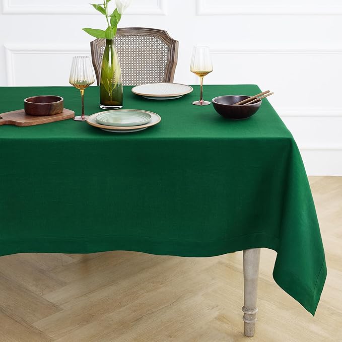 Solino Home Linen Tablecloth 52 x 52 Inch - 100% Pure Linen Christmas Green Square Tablecloth - Fete, Machine Washable Table Throw for St Patricks Day