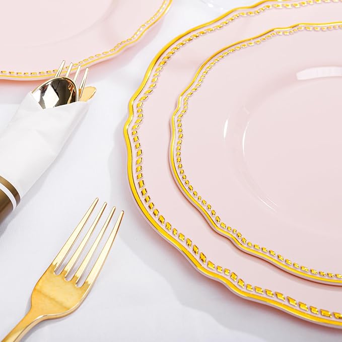 Hioasis 175pcs Pink and Gold Plastic Plates - Pink Plastic Dinnerware Set Includes 25 Dinner Plates, 25 Dessert Dinnerware, 25 Cups, 25 Napkins Perfect for Wedding & Valentine's Day