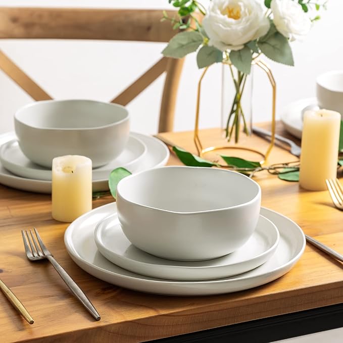 AmorArc Ceramic Dinnerware Sets, Wavy Rim Stoneware Plates and Bowls Sets,Dishwasher & Microwave & Oven Safe Dishes set, Service for 8 (24pc)-Matte White