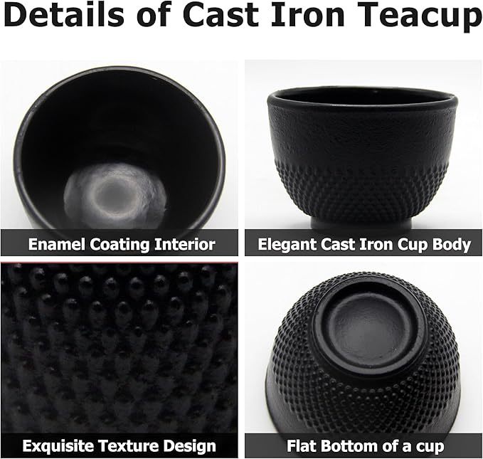 Japanese Cast Iron Tea Cups, Small and Heavy Teacups with no Handles, Japanese Style Cups for Adults, Asian Tea Cups, Coated with Enameled Interior, 4 Pcs/Box (Black, 5oz/150ml)