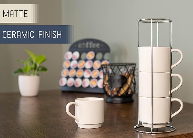 Nat & Jules Stacking Cream 14 ounce Ceramic Stoneware Mugs With Stand Set of 4
