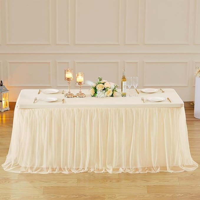 6ft Champagne Tulle Tablecloths for Rectangle Tables Stretch Rectangular Table Cloths Wrinkle Free 6 Foot Table Cover with Tutu Skirt for Wedding Birthday Party Banquet Buffet Cake Desk Skirt