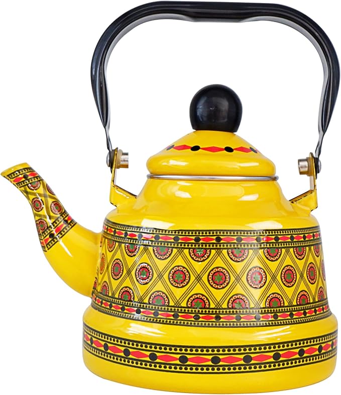 1.1L Arab style Vintage Tea Kettle,Enamel Tea Kettle with Handle,Enameled Teapot Stovetop,Hot Water Kettle for Home Kitchen Decor, No Whistling (Yellow)