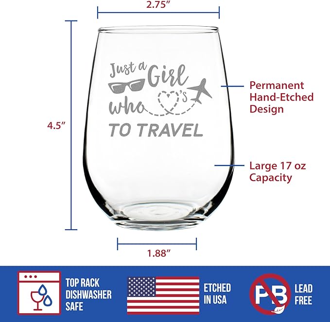 Bevvee Girl Who Loves To Travel - Stemless Wine Glass - Gifts for Travelers Women - Large 17 Ounce Glasses