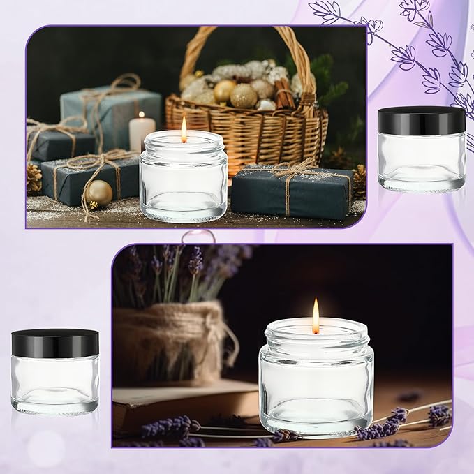 2 oz Glass Jars with Lids, Clear Candle Jars with Black Lids Round Empty Candles Container Tins for Candle Making Storing Lotions Spice Powder Liquid Sample Makeup (48, Clear)
