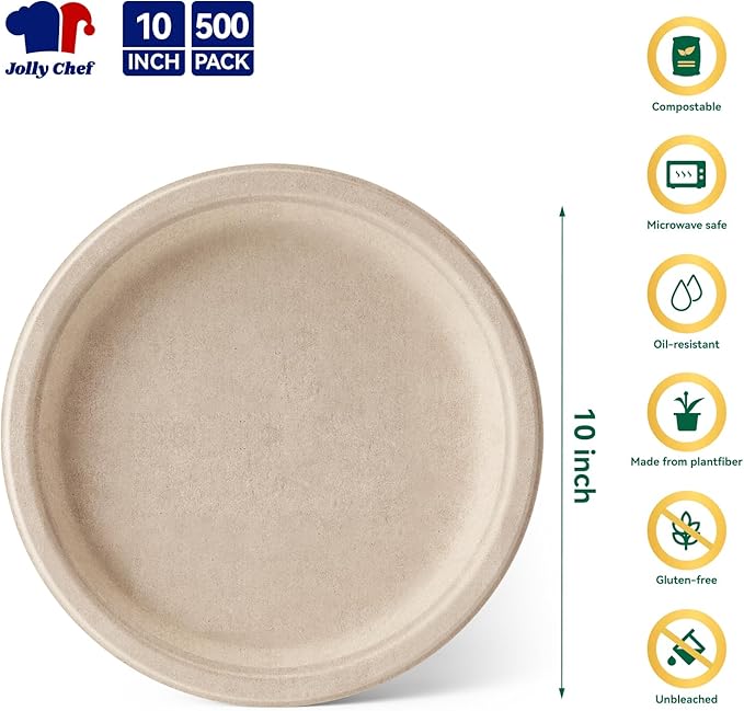 JOLLY CHEF Compostable Heavy Duty Plates 𝟭𝟬 𝗜𝗻𝗰𝗵 [𝟱𝟬𝟬 𝗣𝗮𝗰𝗸] Eco-Friendly Disposable Paper Plates Natural Bagasse Biodegradable Sugarcane Bulk for Party Hot Cold Dinner Christmas (Brown)