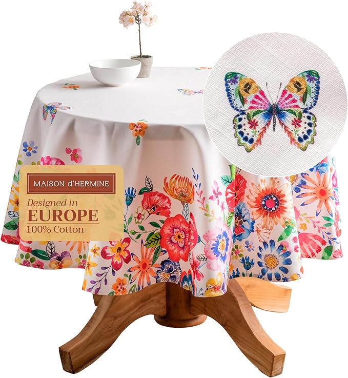 Maison d' Hermine Table Cloth Round Table 100% Cotton 63 Round Inches Tablecloth Reusable Decorative for Dining Room Farmhouse Home Valentines Day Decorations Spring Summer- Happy Florals -High Summer