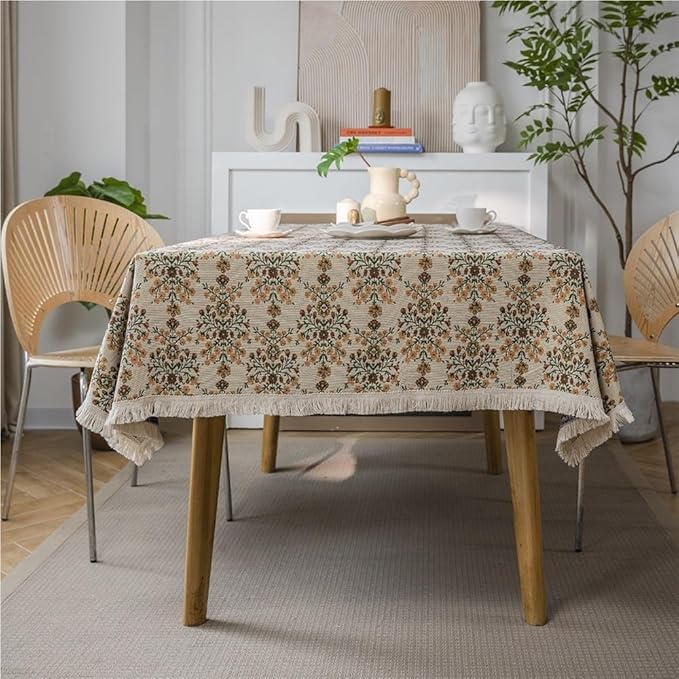 Rectangular Tablecloth Flower Jacquard Tablecloth Bohemian Thick Tablecloth Suitable for Restaurant Camping(Style1,140 * 220cm)