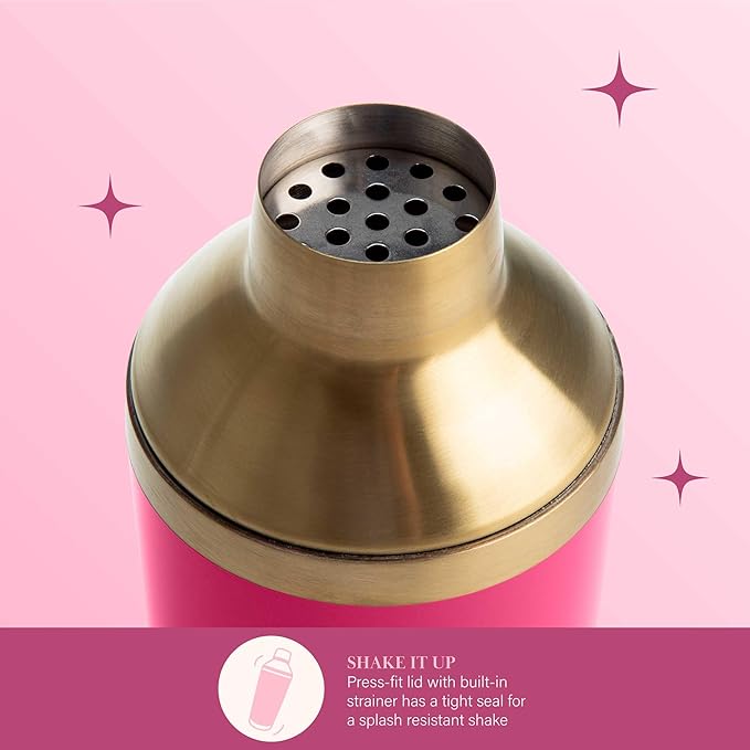 Paris Hilton 2-Piece Cocktail Shaker Set, Double Wall Insulated Stainless Steel Mixer with Built-In Strainer and Double-Sided Jigger, 20-Ounce, Gold and Hot Pink