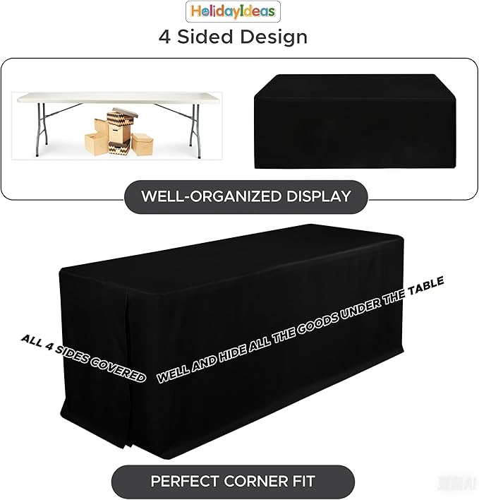 Fitted Black Rectangle Table Cloths 6ft Table Cover for Vendor Booth Display, Hotels, Banquet, Trade Show,30x96 Inch, 6 Pcs