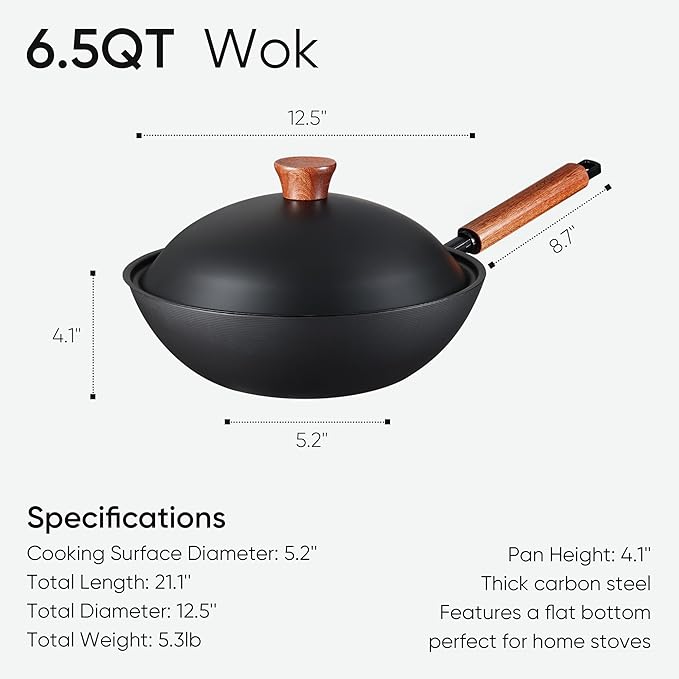 CAROTE 12.5" Carbon Steel Wok Pan, 6.5QT Woks & Stir-fry Pans Nonstick, No Chemical Coated Pre-Seasoned Flat Bottom Wok with Lid for Stir Fry, Chinese Cast Iron Wok Cooking Pan All Stovetop Compatible