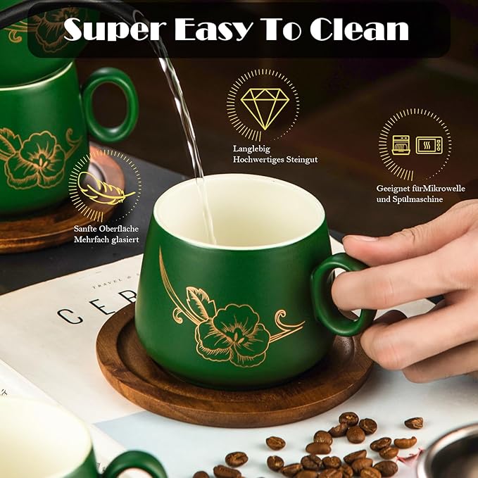 Yundu 10oz Cappuccino Cups & Wooden Saucers Set with Gold Floral Art, Latte Art Cup for Espresso, Coffee & Tea, Modern Matte Green Ceramic Tea Cup Set of 4