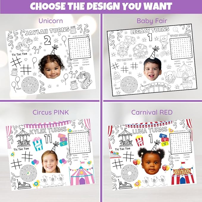Custom Coloring Placemat Activity Sheets, Personalized Birthday Party Favors for Childrens Table Decorations, Set of 12 Coloring Pages