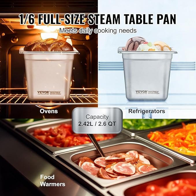 VEVOR 6 Pack Stainless Steel Hotel Pans - 1/6 Size 6-Inch Deep 0.8mm Thick Anti-Jam Commercial Food Pans for Steam Tables, Restaurants, Catering & Industrial Use