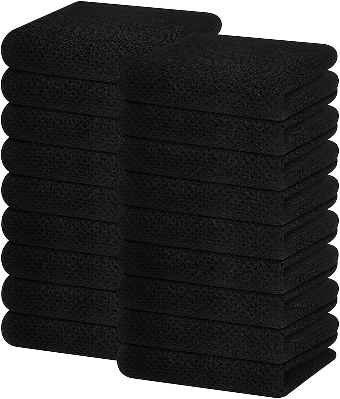Homaxy 100% Cotton Waffle Weave Kitchen Dish Towels, Ultra Soft Absorbent Quick Drying Cleaning Towel, 13 x 28 Inches, 18-Pack, Black