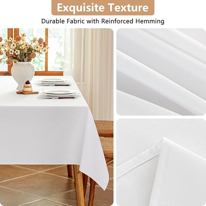Textured White Table Cloth Rectangle Washable & Spill Proof Faux Linen Fabric Tablecloth Rectangular Reusable for Dining Wedding Banquet 52 x 70 Inch