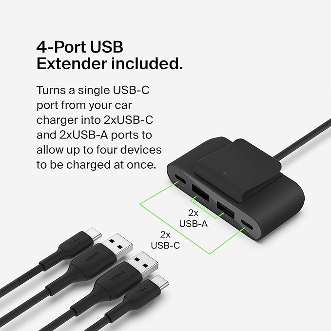 Belkin Boost↑Charge™ 30W Fast Car Charger, USB-C Power Delivery Port, 4-Port USB Power Extender, Universal Compatibility for iPhone 16, Galaxy S25, Note Series, Nintendo Switch 2 and More - Black