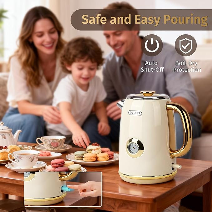 INFOOD Retro Electric Kettle 1.7L/57oz with Thermometer - 1500W Fast Boiling Stainless Steel Hot Water Tea Kettle, BPA-Free, Cordless, Auto Shut-Off, Boil-Dry Protection, White