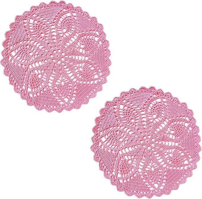 BIBITIME Lace Placemats Table Doilies Round Handmade Crochet Doily Kitchen Cup Mug Mats (Pink, 11 to 12 inches-2PC)
